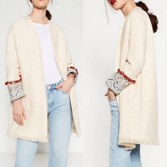 Zara Jackets & Blazers - Zara Cream Tribal Embroidered Linen Coat Medium